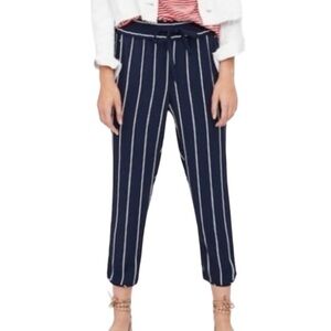 Zara TRF Striped Straight Leg Crop Trousers Drawstring Waist Medium Navy